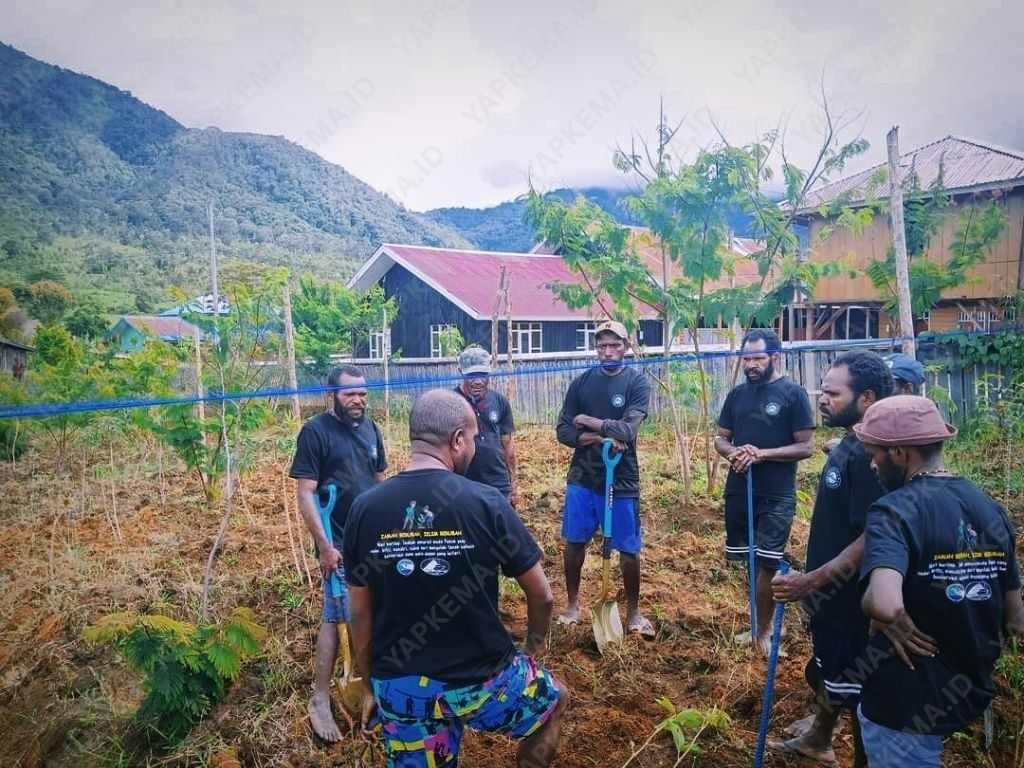Praktek membuat rorak di kebun kopi percontohan bersama peserta SekolaB Kopi (2022), UPH Enauto Dogiyai (Dok. Yapkema)