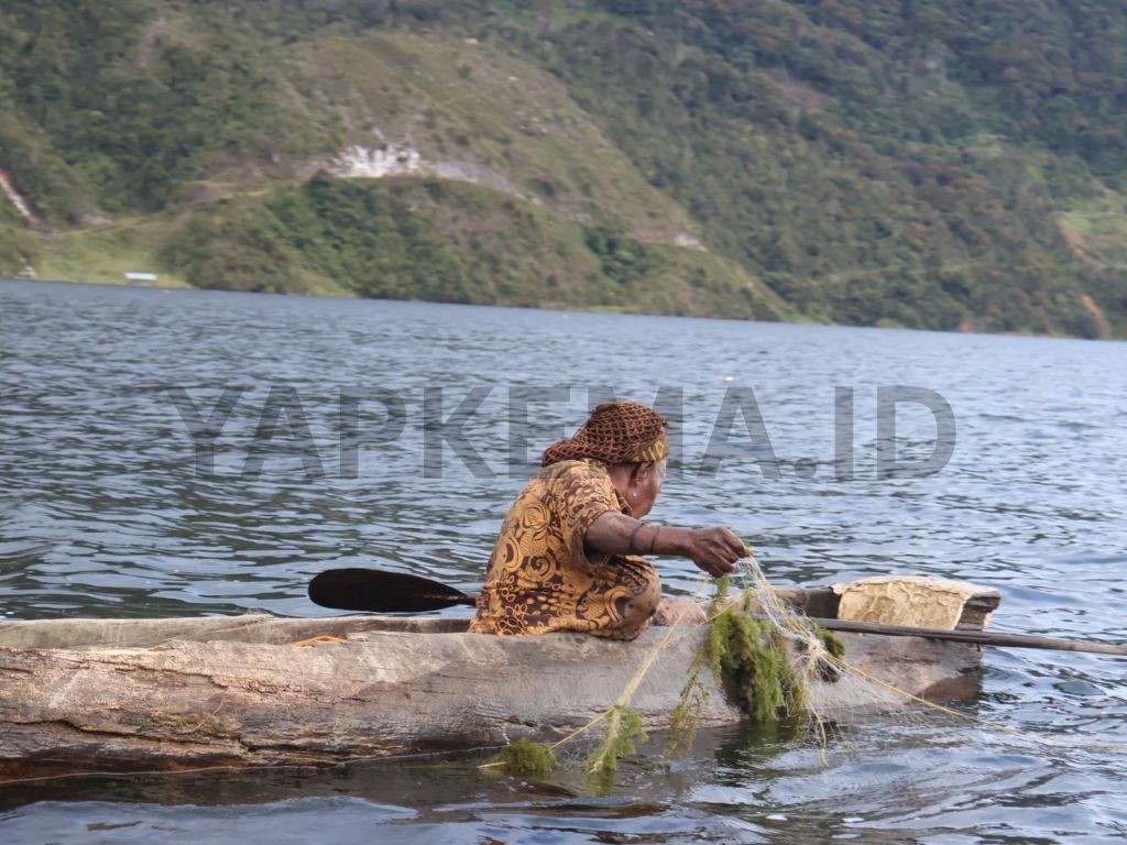 Salah satu mama nelayan tradisional dari kampung Obano, Paniai Barat sedang mencari Ikan di Danau Paniai. (Dok. Yapkema)