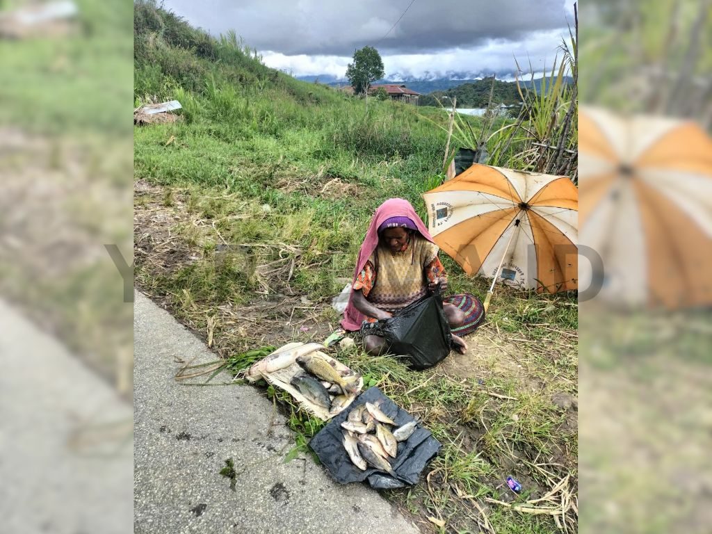 Mama Pekei di kampung Gakokebo, pinggiran jalan trans Nabire - Ilaga sedang jual Ikan segar hasil tangkapan dari Danau Tigi (Dok. Yapkema).