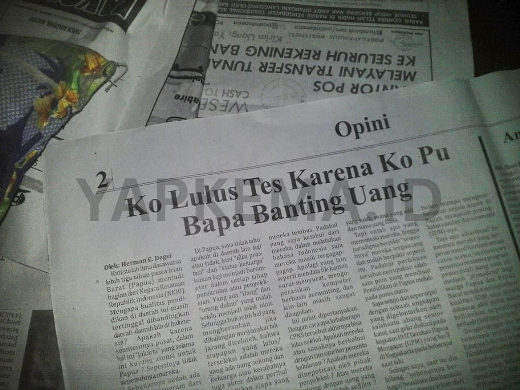 Foto lembar koran halaman Opini, Harian Pagi Papuapos Nabire edisi 9 Agustus 2016. (Dok. Yapkema).