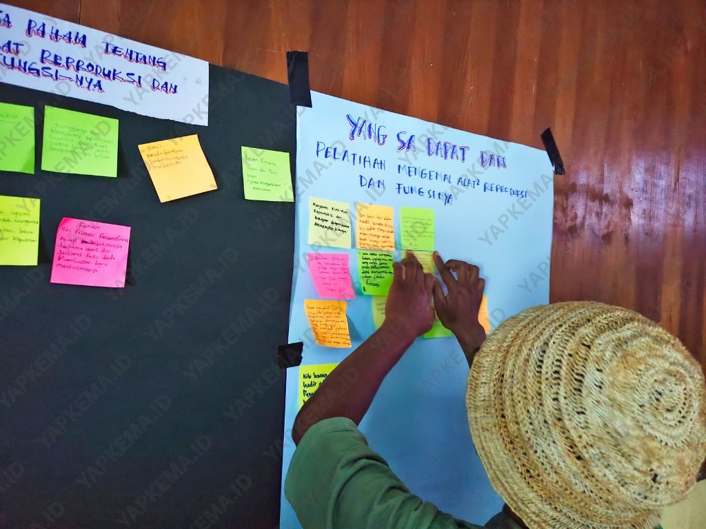 Peserta menuliskan dan menempelkan pemahaman awal mereka mengenai organ reproduksi pada sticky notes (Dok. Yapkema)