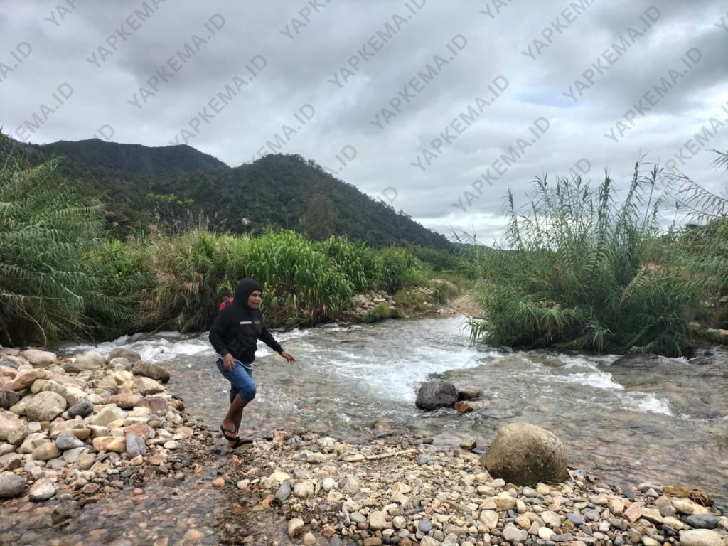 Warga menyeberangi sungai Wiyogei, yang belum memiliki jembatan. (Dok. Yapkema)